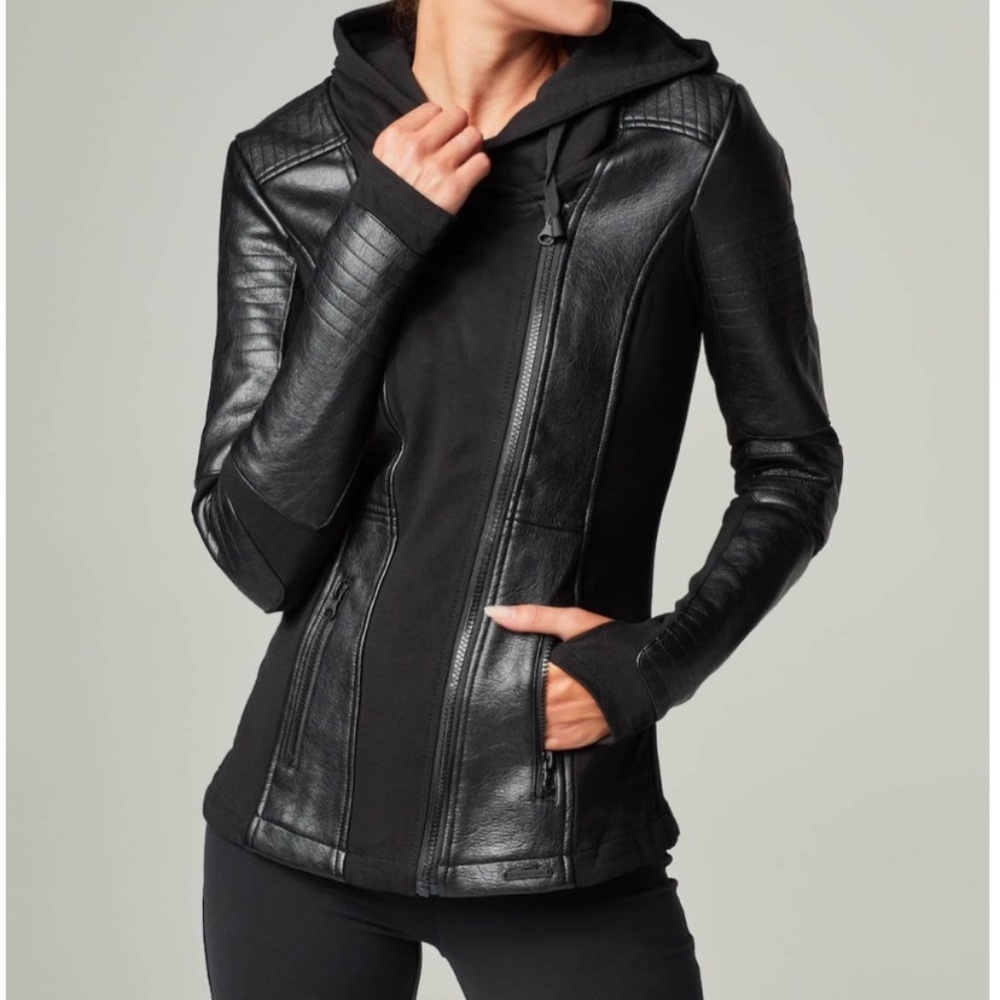 Blanc Noir hooded black moto jacket size small
